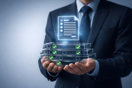 Professional in suit holds transparent layers representing data storage with document icon above, symbolizing autonomous decision engine