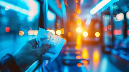 A hand holds a bus ticket inside a dimly lit vehicle, with colorful bokeh lights creating a vibrant, urban night atmosphere.