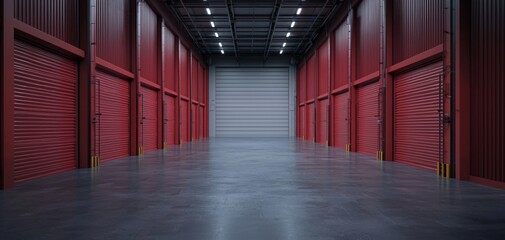 A spacious indoor storage facility with rows of red roll-up doors on both sides and a closed gray shutter at the end, illuminated by ceiling lights.