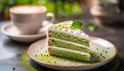 A slice of green matcha cake with white frosting on a plate, accompanied by a cup of coffee in the background.