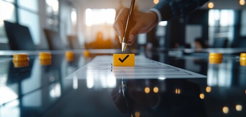 A hand marks a checkbox on a transparent digital interface in a modern office setting with a blurred background.