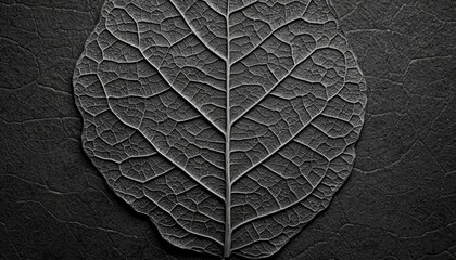 Close-up black and white image of a leaf displaying detailed veins and texture on a dark background.