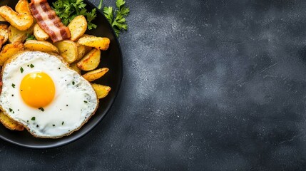 Breakfast plate with a sunny-side-up egg, crispy bacon, seasoned potato wedges, and a sprig of fresh parsley on a black plate.