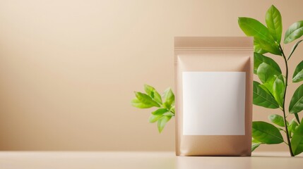 A minimalist kraft paper pouch with a blank white label stands beside vibrant green leaves against a neutral beige background.