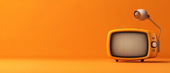 A retro orange television with a vintage microphone on a matching orange background.