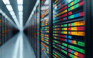 A data center aisle with server racks displaying colorful LED status indicators, representing advanced computing and data storage technology.