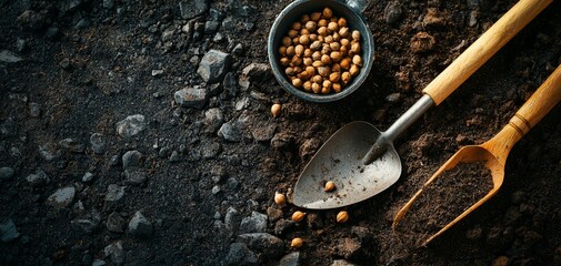 Gardening tools and seeds on textured soil ready for planting, symbolizing growth and cultivation.