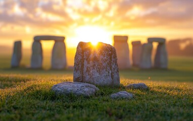 Sunrise illuminating the ancient standing stones of Stonehenge on a grassy field, casting a warm glow and creating a mystical atmosphere.