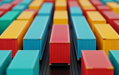 Colorful shipping containers arranged in neat rows, symbolizing global trade and logistics.