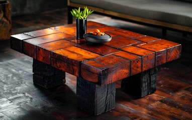 A rustic wooden coffee table with thick block legs holds a small plant and a bowl with nuts in a cozy room with dark wooden flooring.