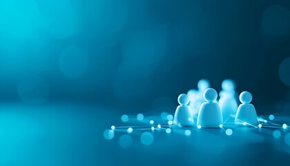 Abstract representation of a connected group of people icons on a blue digital network background, symbolizing communication and social connections.