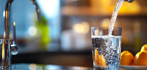 Water is being poured into a clear glass with a lemon slice, placed on a kitchen counter near a faucet and oranges, with a softly blurred background.