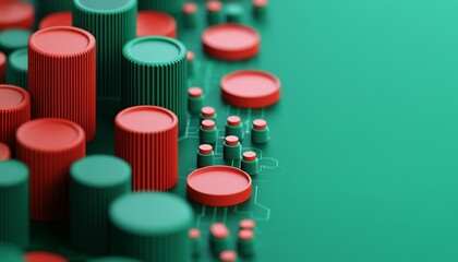 Close-up of red and green cylindrical electronic components arranged on a circuit board with a teal background.