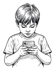 Focused boy holding a mobile phone in both hands, an ideal visual for illustrating modern youth engagement with mobile technology and the impact of screens on children for various media
