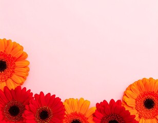 A soft pink background displays a border of colorful gerbera daisies red, orange, and yellow blossoms. The flowers are arranged diagonally