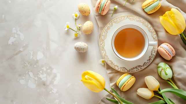 Spring afternoon tea time, tea cup with colorful macarons and yellow tulips, Easter egg decoration, elegant dessert flat lay, cozy holiday brunch

