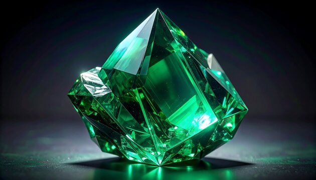 Close-up of a sparkling, faceted green gemstone with sharp edges, on a dark backdrop
