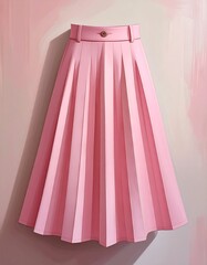 A soft pink, pleated skirt hangs against a subtly shaded background. The garment features a simple belt with a gold-colored buckle