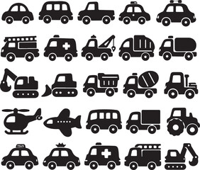 Cute Toy Vehicle Silhouette Mega Set Rounded Kids Transport Vector
