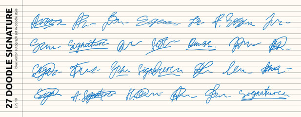 Doodle Blue Fake Signature Set. Fake Signature Autograph Sign Sample Kit. Random Hand Name Handwritten Autograph Collection. Vector Line Illustration Clipart in Scrapbook Grid Lined Paper Background