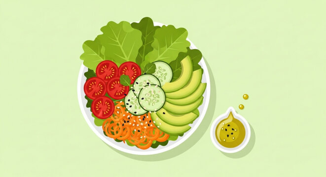 A vibrant vector illustration of a healthy salad bowl with fresh vegetables and a side of oil