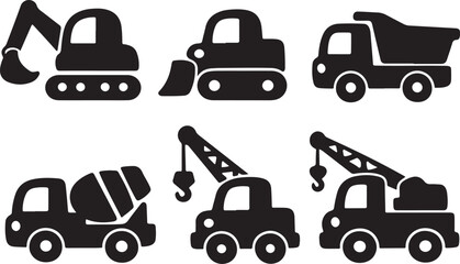 Cute Toy Construction Vehicle Silhouette Set Rounded Machinery Vector
