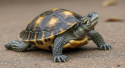 Obraz premium Small terrestrial reptile showcases patterned shell and spotted limbs on paved surface