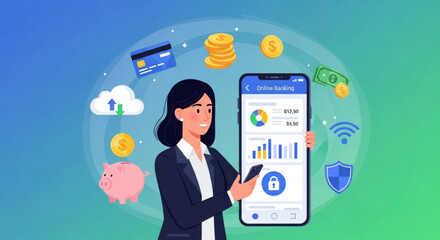 A cartoon woman holding a smartphone with online banking icons surrounding her © jamalan