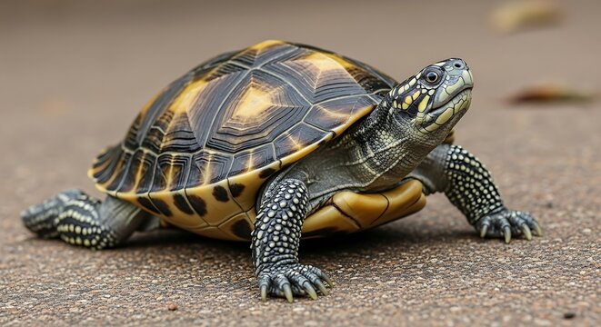 Small terrestrial reptile showcases patterned shell and spotted limbs on paved surface