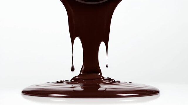 Rich Dark Chocolate Pouring and Dripping Slow Motion on White Background with Subtle Reflections