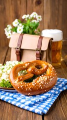 A soft pretzel with coarse salt sits on a blue-checkered cloth. A full beer mug, a tan bag, and small white flowers complete the still life