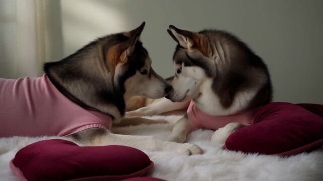 Two siberian huskies in pink sweaters nuzzle noses on a white bed with burgundy heart pillows in muted winter light, concept of powerful bond and gentle devotion