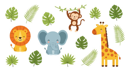 Cute jungle animals illustration with lion, elephant, monkey, and giraffe © rohim