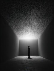 Obraz premium Silhouette of a Figure in a Dark, Dreamlike Space with Light Rays