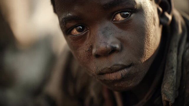 Poor kid portrait in gloomy slum background concept. Close up portrait of a young boy with intense expression in natural light
