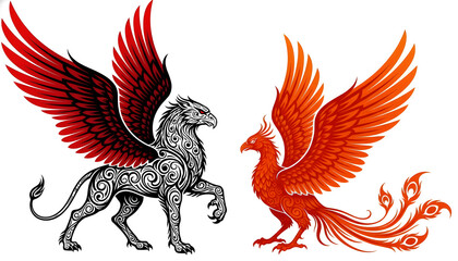 Obraz premium Striking vector illustration of a powerful griffin and a fiery phoenix, symbolizing strength, rebirth, and legendary mythology on a clean white background.