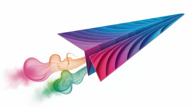 Stylized 3D paper plane with multi-colored wings and colorful exhaust clouds isolated on white background