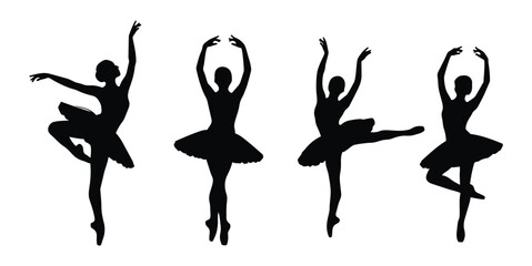 Black and white ballet dancer silhouette vector design with tutus showing graceful dance poses © Pemarathna