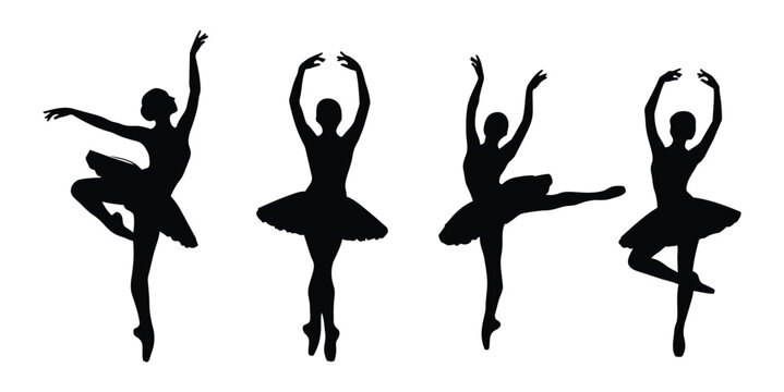 Black and white ballet dancer silhouette vector design with tutus showing graceful dance poses