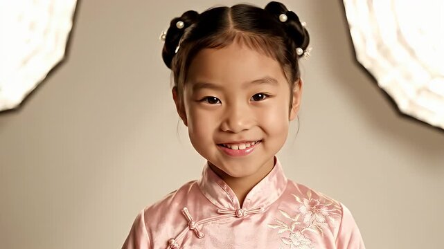 Smiling Young Asian Girl In Traditional Pink Dress With Hair Buns And Pearl Accessories Studio Portrait With Soft