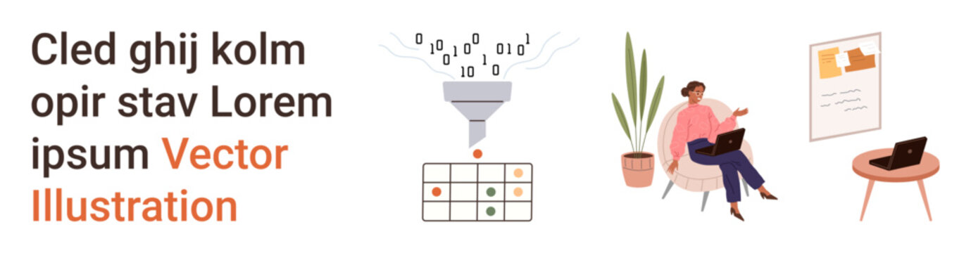 Data management, teamwork, remote work, digital organization, virtual collaboration, workplace productivity. Visual of a binary funnel and a person working remotely. Data management and remote work