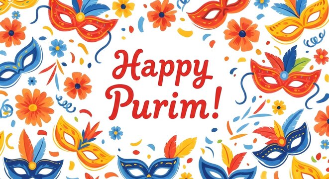 Vibrant happy purim celebration background with masks and flowers