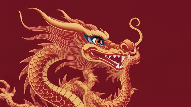 Golden dragon head with open mouth on red background