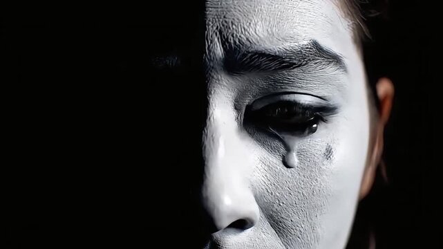 Close-up of a mimes face with white makeup and a tear, half in shadow, expressing sadness and drama.