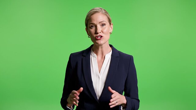 Businesswoman Gesturing in Green Screen Studio.