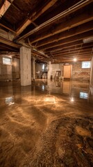 Flooded residential basement with standing water reflecting ceiling joists and structural elements