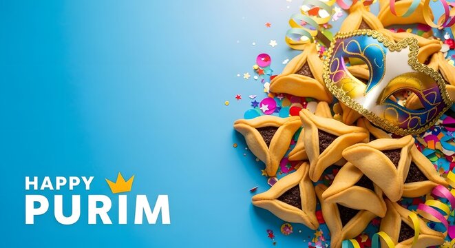 Happy purim celebration with traditional jewish pastries and confetti