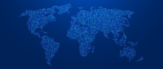Blue glowing pixel world map concept. Abstract neon dotted globe worldmap for poster, banner, brochure, flyer, booklet, presentation. Dark navy continents infographics wallpaper. Vector illustration