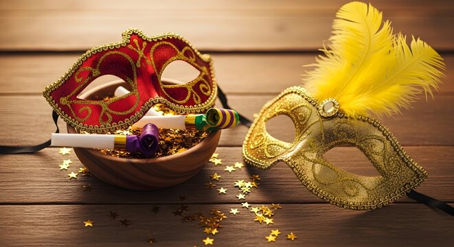 Vibrant mardi gras masks on wooden table with feathers and lights