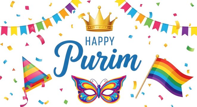 Vibrant purim celebration with rainbow flags and confetti